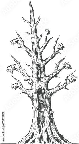 Gothic Haunted Tree House Illustration Hand Drawn Vector Black and White Sketch of a Spooky Fantasy Structure or Dead Tree