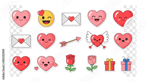 Valentine's Day Emoticons: A collection of heart-shaped emoticons, each with its unique charm, accompanied by a selection of romantic elements. It's a visual ode to love and affection.