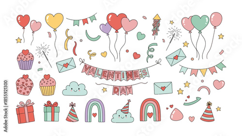 Valentine's Day Vector: A delightful vector illustration featuring a collection of Valentine's Day themed elements, exuding love, joy, and celebration. It encapsulates the spirit of affection. 