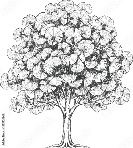 Ginkgo Biloba Tree Hand Drawn Vector Illustration Sketch Style Black and White Outline Drawing
