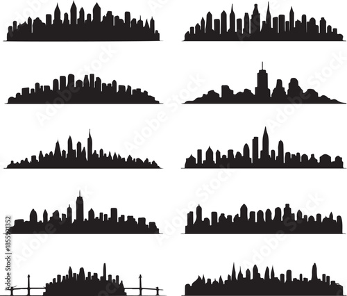 Collection of diverse city skylines in silhouette style
