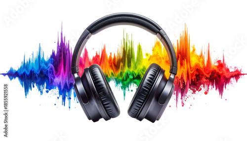 Headphones with colorful sound wave, isolated on white background, music and tech concept