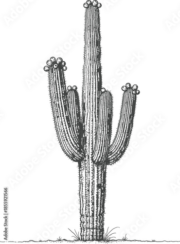 Detailed Saguaro Cactus Engraving Style Vector Illustration Desert Plant Black and White