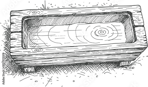 Hand drawn wooden trough or planter box illustration sketch in vintage engraving style