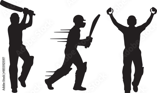  Cricket batsman action silhouette vector, multiple dynamic poses, hitting a shot, running, and celebrating, black solid shadow style, sports illustration