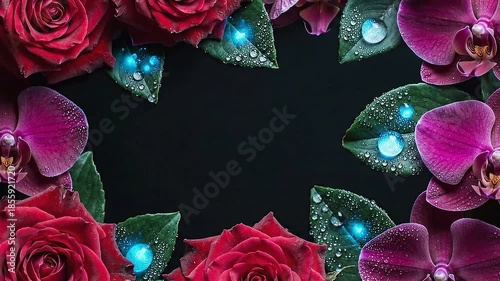 Moody Dark Botanical Frame – Crimson Roses and Exotic Orchids on Black Background Loop 4K