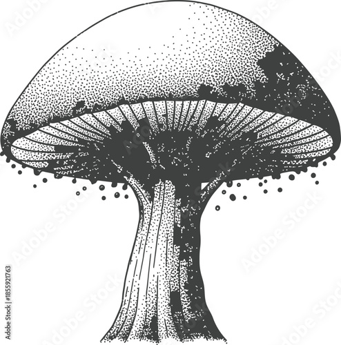 Black and White Engraving of a Wild Mushroom Vector Illustration Stippling Style Botanical Fungus Drawing