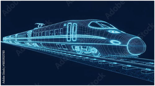 High-speed train wireframe: a vision of modern digital transport engineering. Vector wireframe illustration.