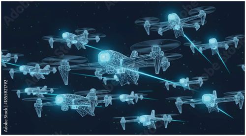 A swarm of interconnected digital drones flying in a futuristic network formation. Vector wireframe illustration.
