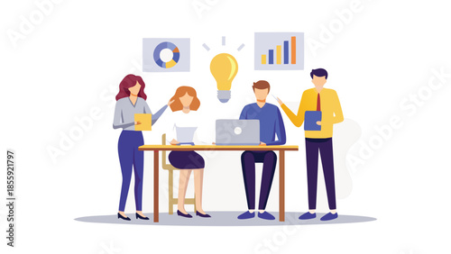 Four people collaborating around a shared workspace with laptops and charts