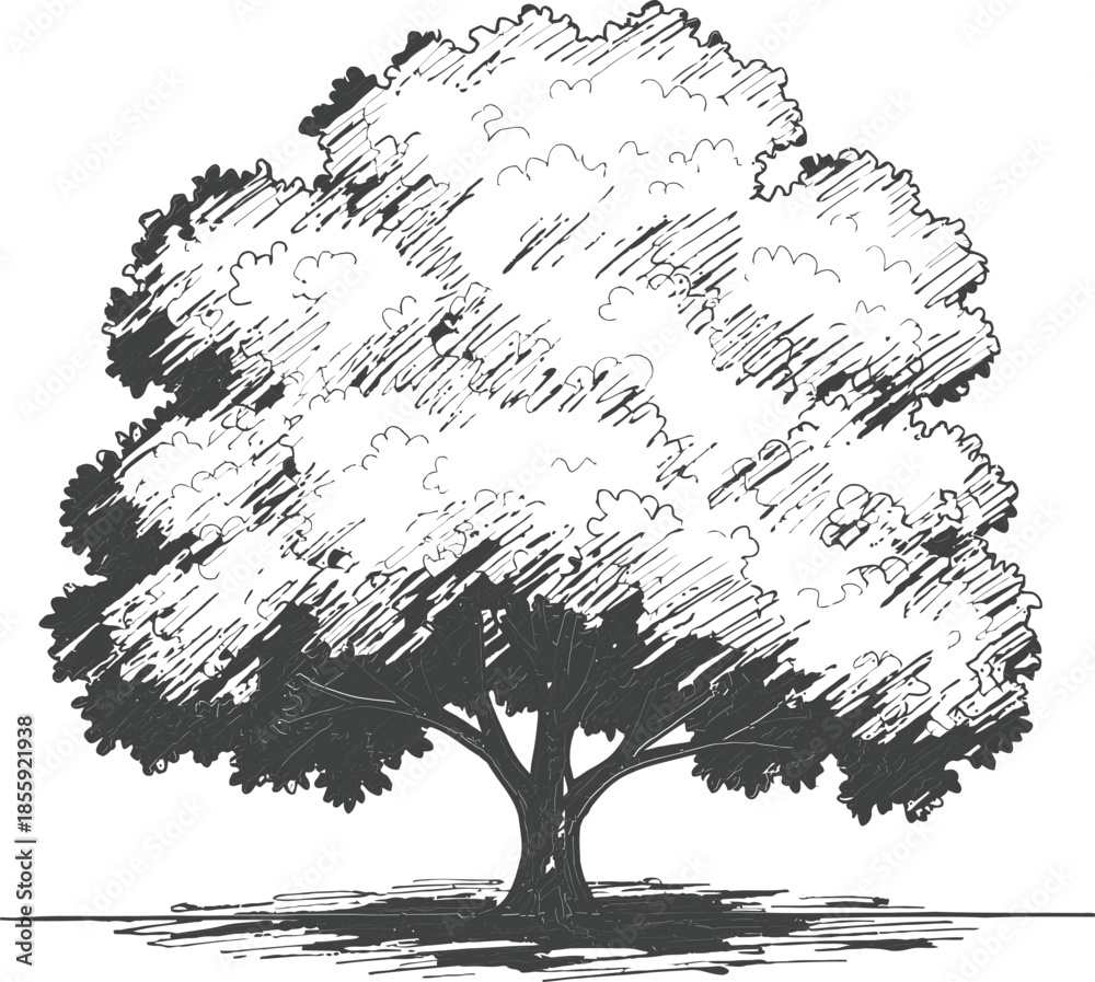 Fototapeta premium Black and White Hand Drawn Tree Vector Sketch Engraving Style Mature Shady Deciduous Plant Graphic Resource