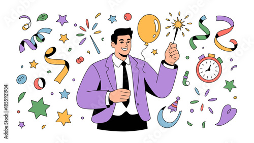 Celebration of Life: A man, filled with optimism, stands amidst festive symbols of joy, marking a special event with a playful sparkler and a cheerful disposition.