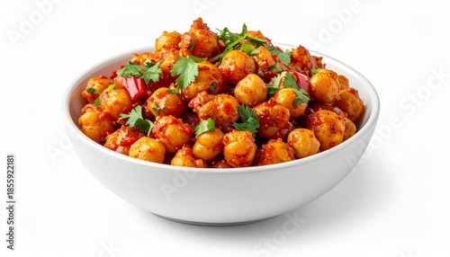 Spicy chickpea curry stew with red peppers and fresh cilantro