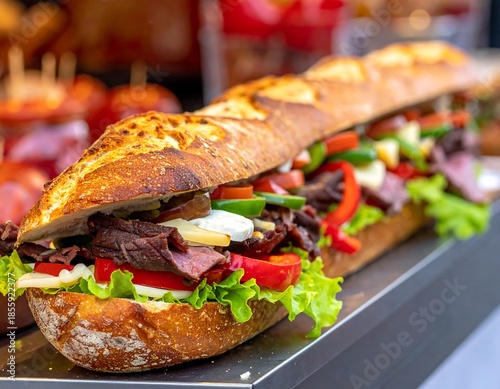 Close-up of a long sandwich overflowing with diverse fresh ingredients, including meats, vegetables, and cheeses, on a shiny surface