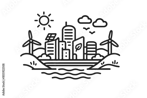 Quadro em tela Eco-friendly city landscape with wind turbines and solar panels