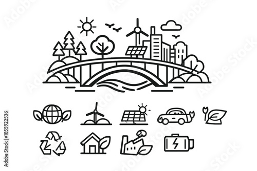 Eco-friendly city icons and landscape