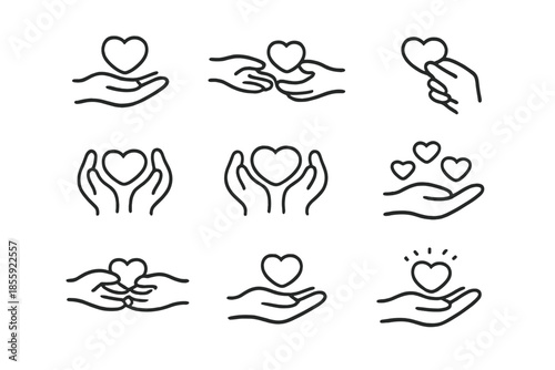Set of Nine Heart and Hand Icons with a Gradient Background