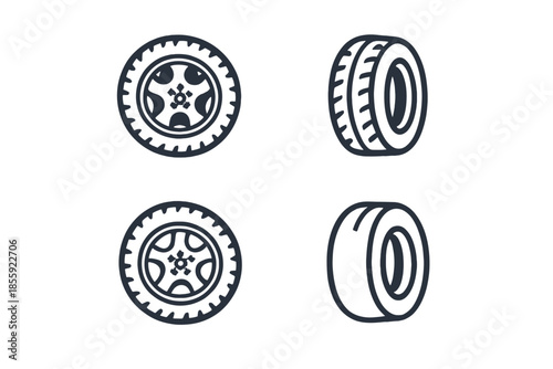 Tire icons with different views on a gray background
