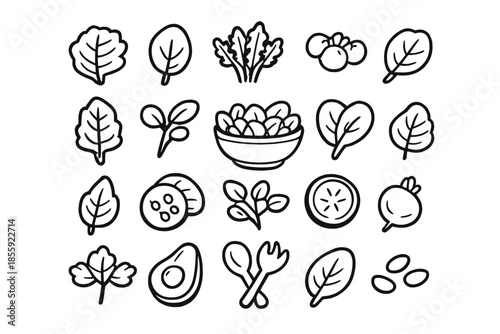 Hand-drawn salad ingredients and food icons on a gray background