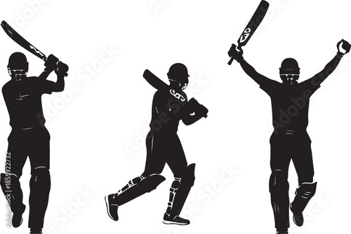  Cricket player batting action, set of different poses, minimal black vector, professional sports design.