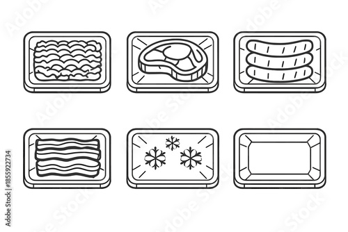 Set of six food packaging icons on a gradient background