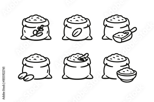 Set of rice bags icons with scooping and spilling elements
