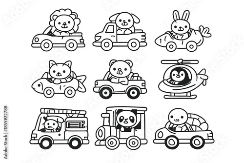 Cute cartoon animals driving vehicles