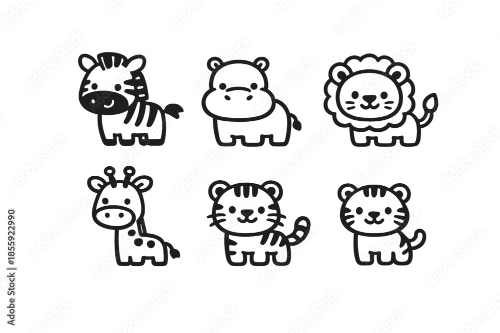 Fototapeta premium Cute Safari Animals Outline Icon Set