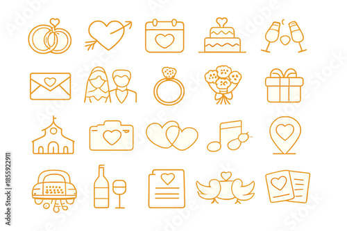 Collection of wedding icons on a golden background