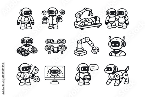 Collection of cartoon robots and futuristic technology icons