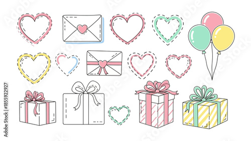 Heartfelt Celebration: An array of charming elements including gift boxes, envelopes, heart frames, and balloons, all rendered in delightful pastel hues, perfect for expressing affection and joy.