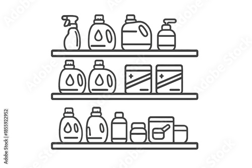 Shelving unit with cleaning supplies icons