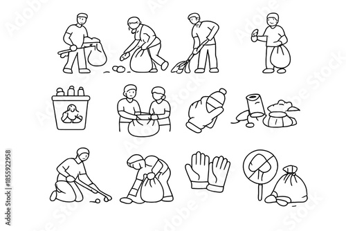 Collection of line art icons representing cleanliness and waste management