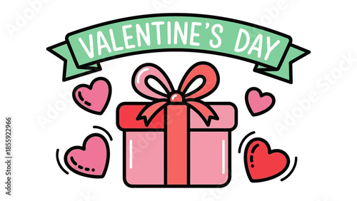 Valentine's Day Gift of Love: A delightful illustration of a wrapped gift box, adorned with a ribbon and surrounded by floating hearts, celebrating the spirit of Valentine's Day.