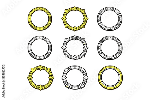 Collection of ornate circular frames with golden and silver metallic textures