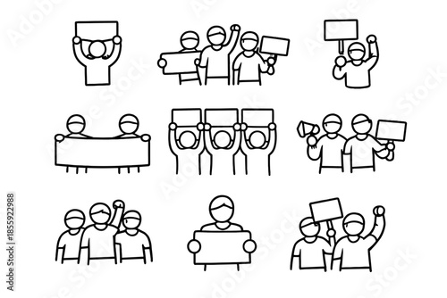 Protestors holding signs and banners