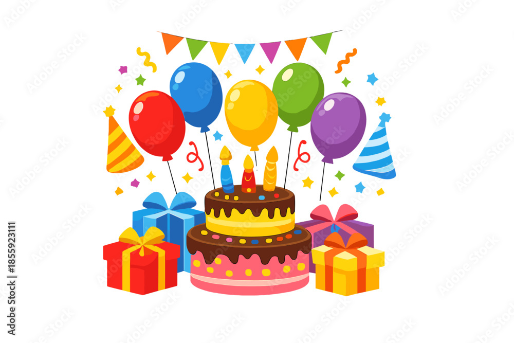 Obraz premium Happy Birthday Celebration Scene with Cake and Gifts