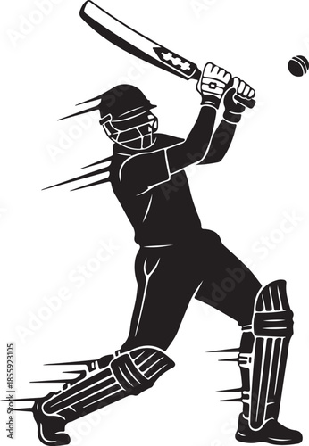  Dynamic cricket batsman hitting a ball, power shot pose, flat black silhouette
