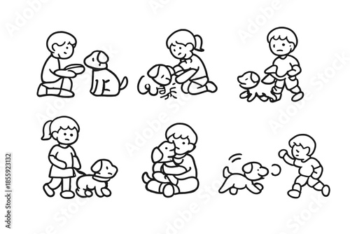 Children and dogs interacting in various ways