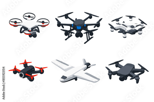 Collection of stylized drones and a small airplane