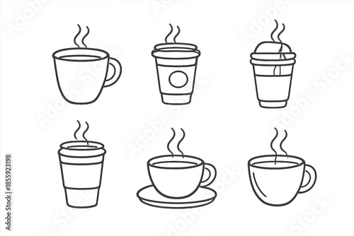 Collection of coffee cups and mugs with steam