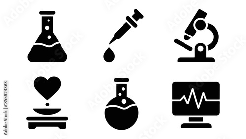 Science Essentials: A compilation of essential scientific tools, including a flask, a pipette with a droplet, a microscope, heart and container, a flask, and a monitor screen with a waveform.