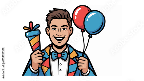 Party Planner with Festive Balloons: A cheerful individual, adorned with a bow tie, presents colorful balloons and a party favor, signifying joy, excitement, and celebration. 