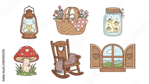 Idyllic Elements: A delightful collection of charming illustrations, including a vintage lantern, a picnic basket brimming with flowers, a jar filled with glowing fireflies, a whimsical mushroom.