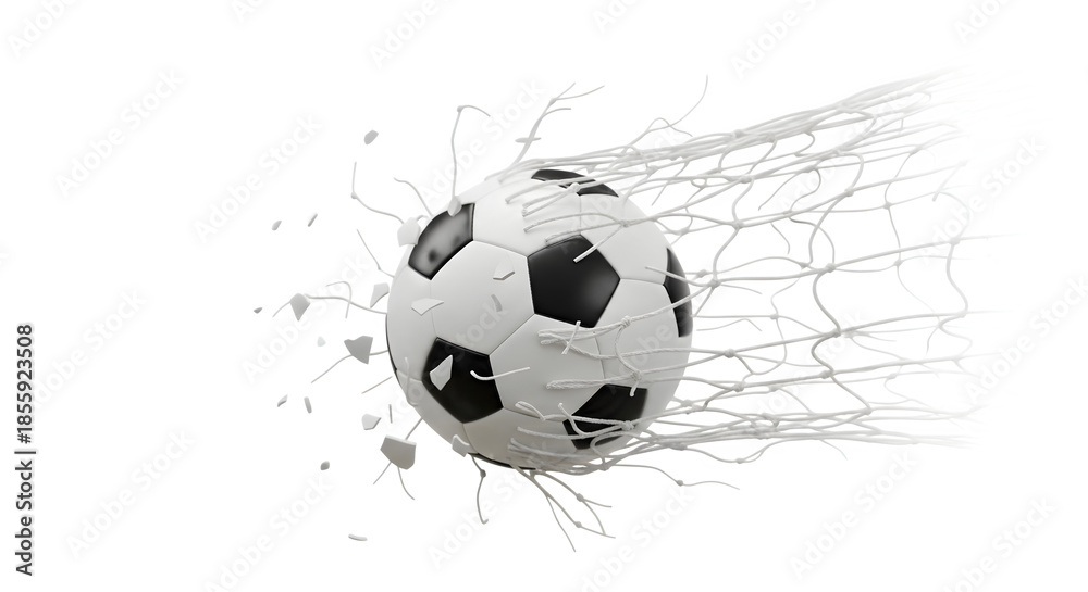 Naklejka premium Soccer ball bursting through a net with dynamic energy and motion isolated on transparent background