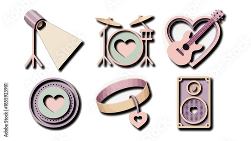 Musical Icons of Love: A delightful assembly of musical instruments and symbols, each radiating with affection, form a heartwarming symphony of passion and rhythm.