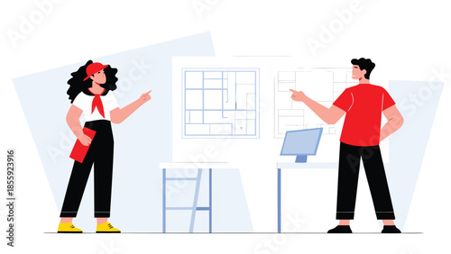 Two architects discussing home layout in modern office environment with blueprints and computer