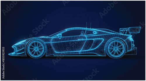 Digital blueprint of a high-performance sports car: a luminous wireframe design. Vector wireframe illustration.