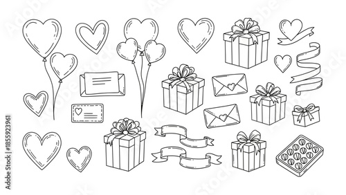 Hand-drawn Love Elements Collection: a sketch featuring hearts, gifts, letters, ribbons, and balloons, evoking sentiments of affection and romance, suitable for various design applications.