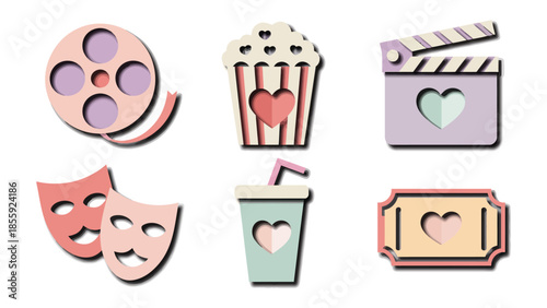 Cinema Romance: This image showcases a collection of movie-themed icons. The image features symbols of love, romance, and entertainment, evoking the allure of the cinematic world.